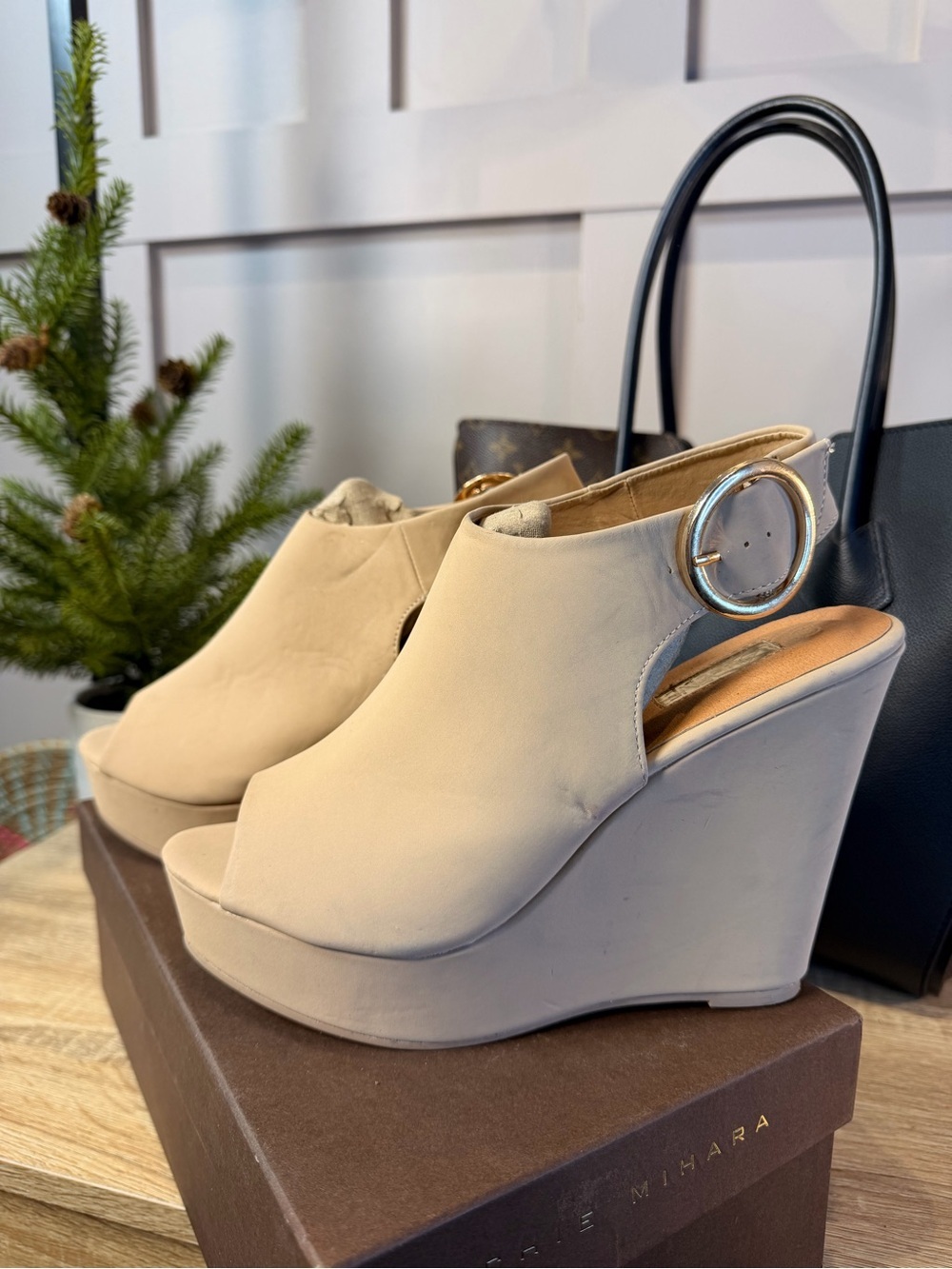 Beige Womens Wedge Sandals with Decorative Buckle Size 8